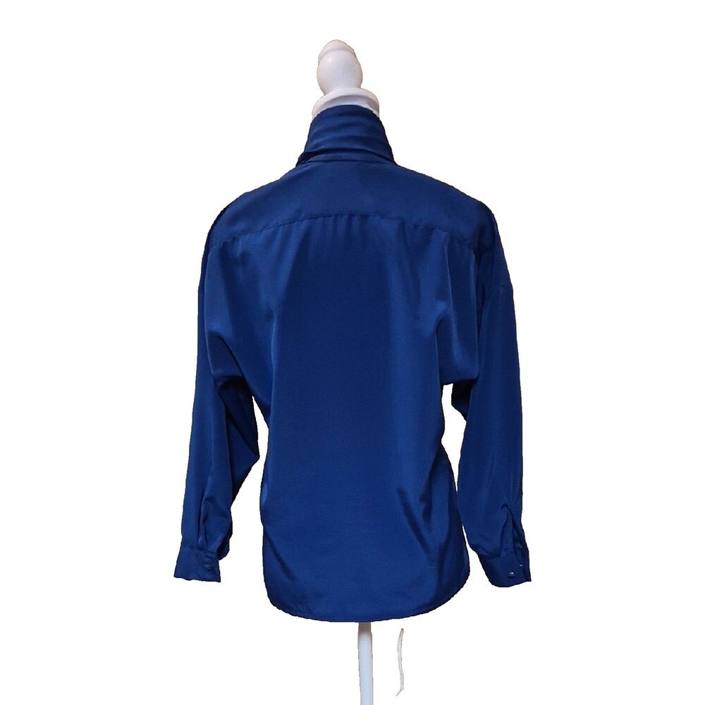 Vintage Marlis 80s Padded Shoulder Blouse Royal Blue Wrap Top Petite Small PS 90 - Picture 9 of 13